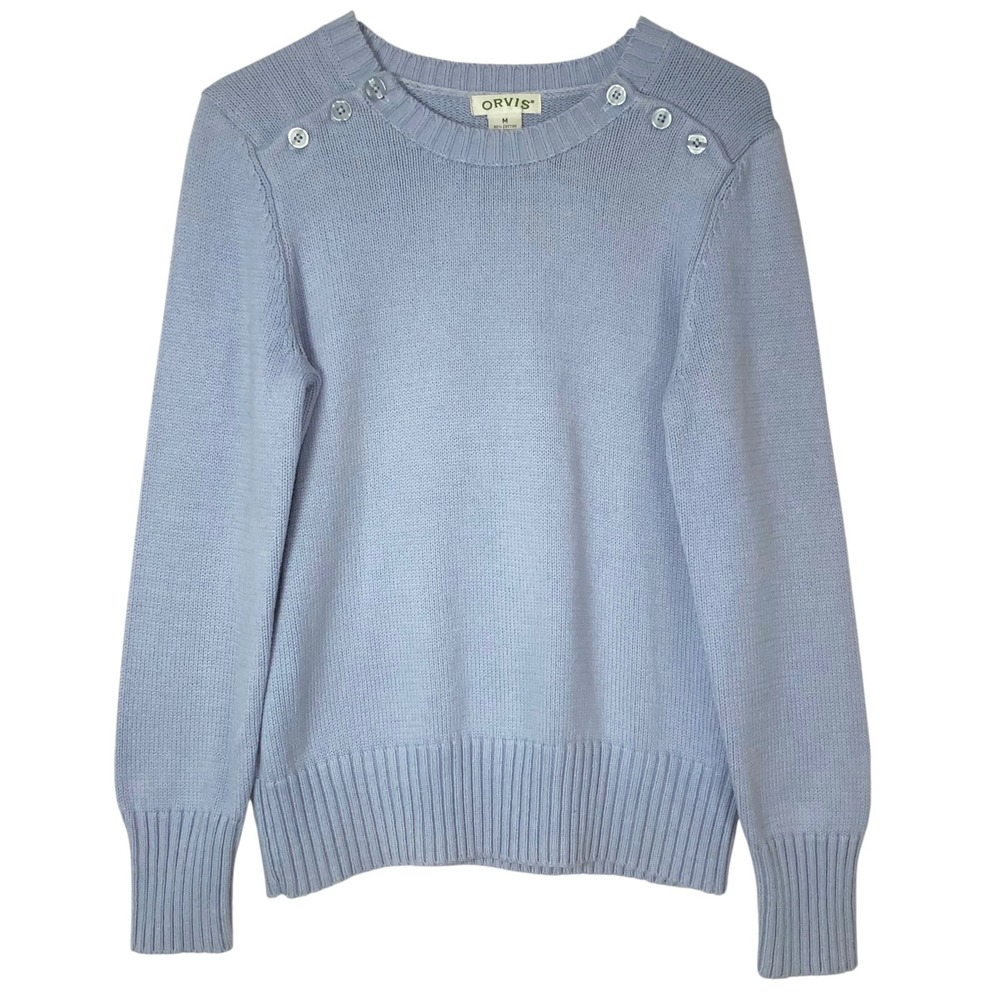 Orvis Blue Knit Sweater M Pullover Crew Neck Long Sleeve Button Shoulder Detail